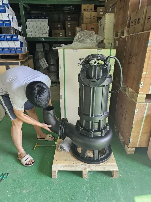 Bơm chìm nước thải thân gang cỡ lớn đang lắp co xả tại kho